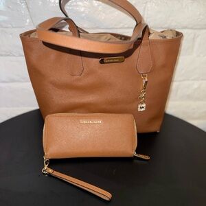 Michael Kors Cognac Saffiano Leather Tote with Wristlet Wallet